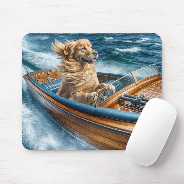 Tapis De Souris Golden Retriever en bateau à moteur en bois (Avec souris)