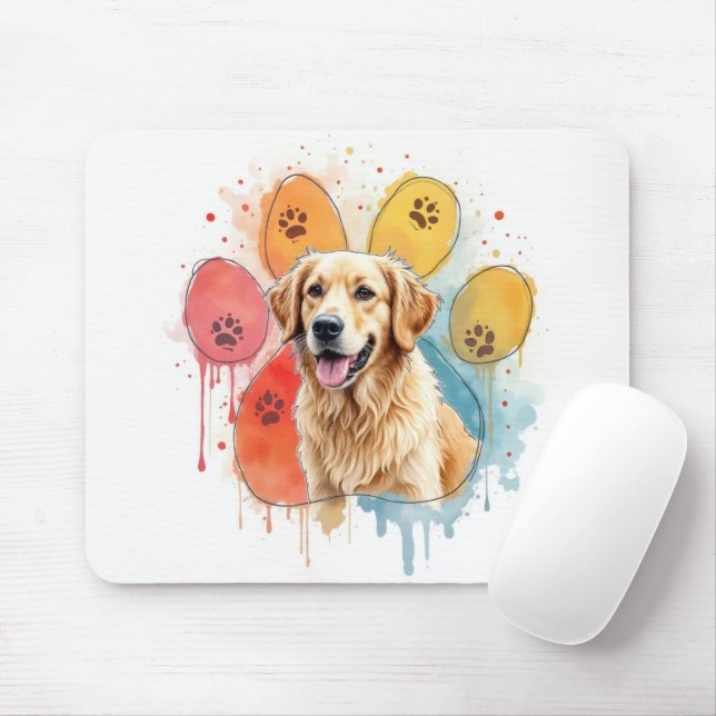 Tapis De Souris Golden Retriever en Empreinte de patte aquarelle (Avec souris)