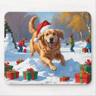 Tapis De Souris Golden Retriever en neige avec Casquette de Noël