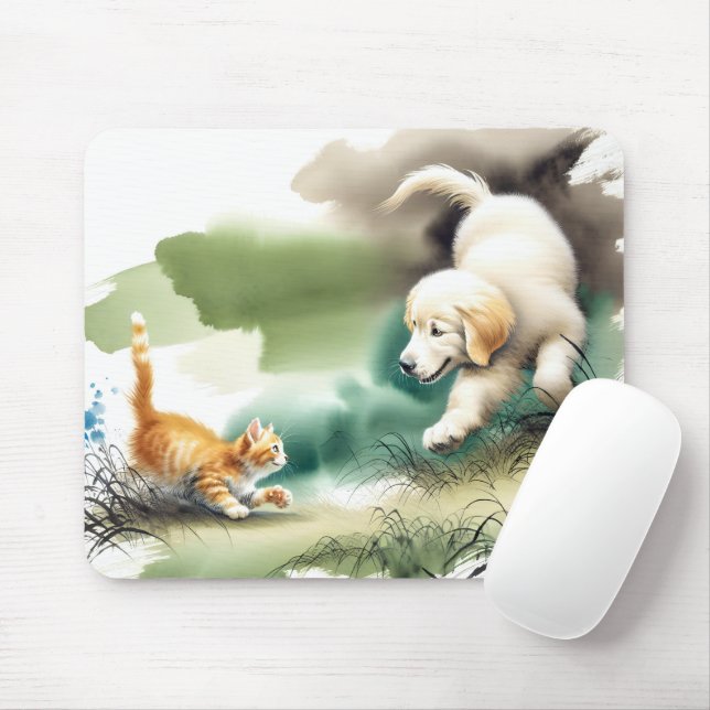 Tapis De Souris Golden Retriever et Ginger Kitten (Avec souris)