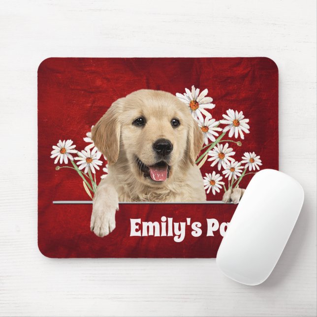 Tapis De Souris Golden Retriever et les marguerites en cuir (Avec souris)