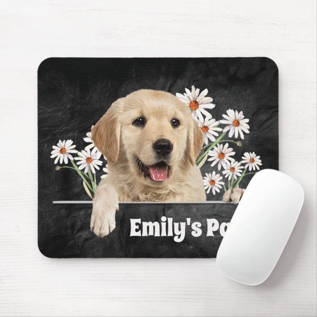 Tapis De Souris Golden Retriever et les marguerites en cuir noir (Avec souris)