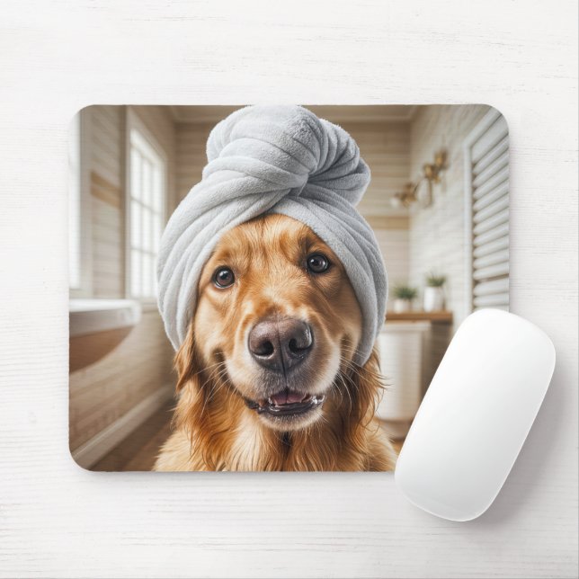 Tapis De Souris Golden Retriever portant une serviette Turban (Avec souris)