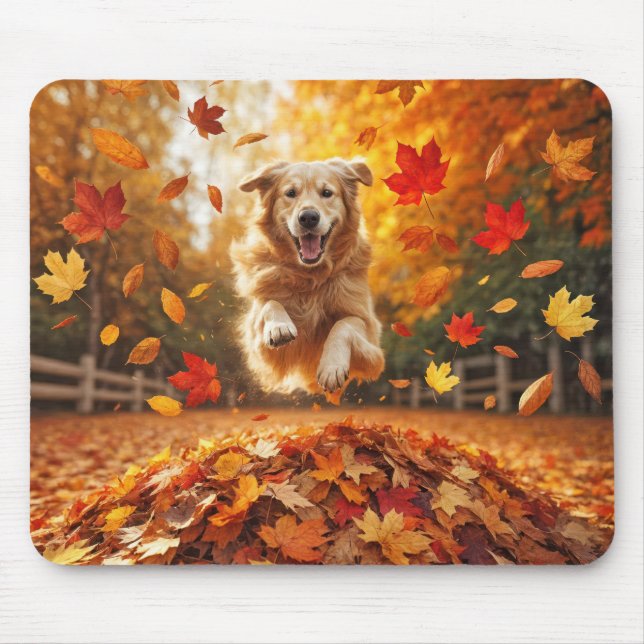 Tapis De Souris Golden Retriever Sumer En Pile Feuilleté D'Automne (Devant)