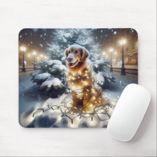 Tapis De Souris Golden Retriever Tangé Dans Les Lumières De Noël