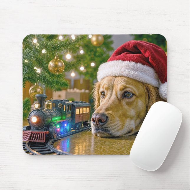 Tapis De Souris Golden Retriever Watching a Christmas Toy Train (Avec souris)
