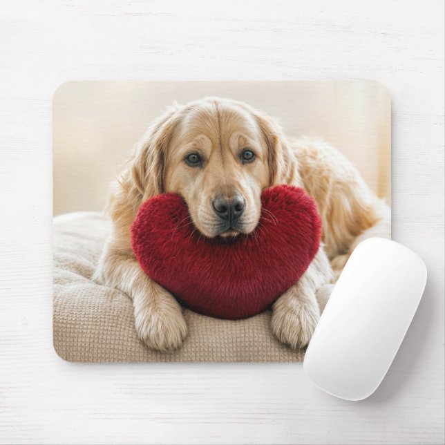 Tapis De Souris Golden Retriever With a Red Heart Pillow (Avec souris)