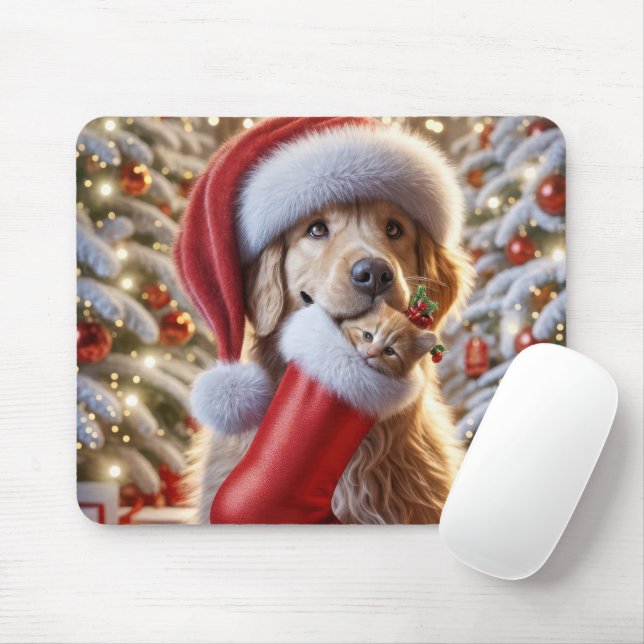 Tapis De Souris Golden Retriever with Ginger Kitten in a Stocking (Avec souris)