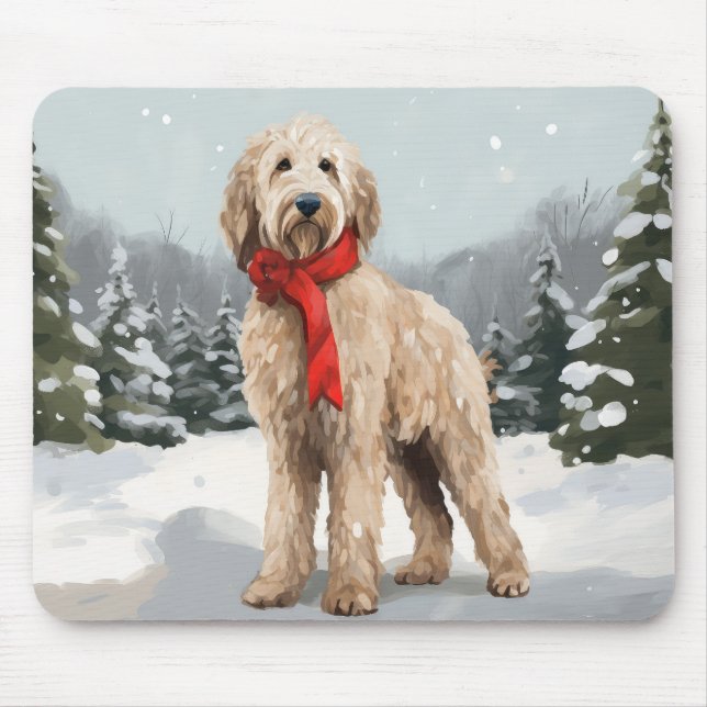 Tapis De Souris Goldendoodle Chien dans Noël de neige (Devant)