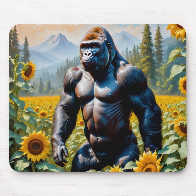 Tapis De Souris Gorille Ape Dans Un Champ De Tournesol (Devant)