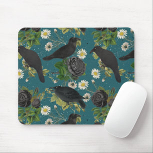 Tapis De Souris Goth Crows et Roses noirs Profond Turquoise Motif