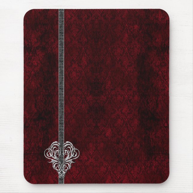 Tapis De Souris Goth Red Silver Heart Damask (Devant)