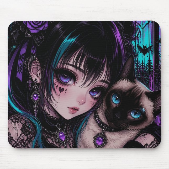 Tapis De Souris Gothique Emo | Fille Anime & Chat (Devant)