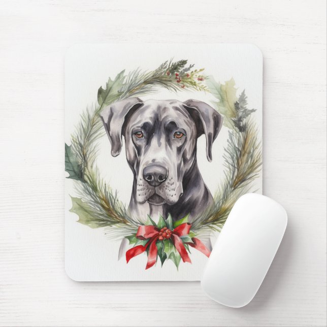Tapis De Souris Grand Dane Noël Wreath Festive Pup (Avec souris)