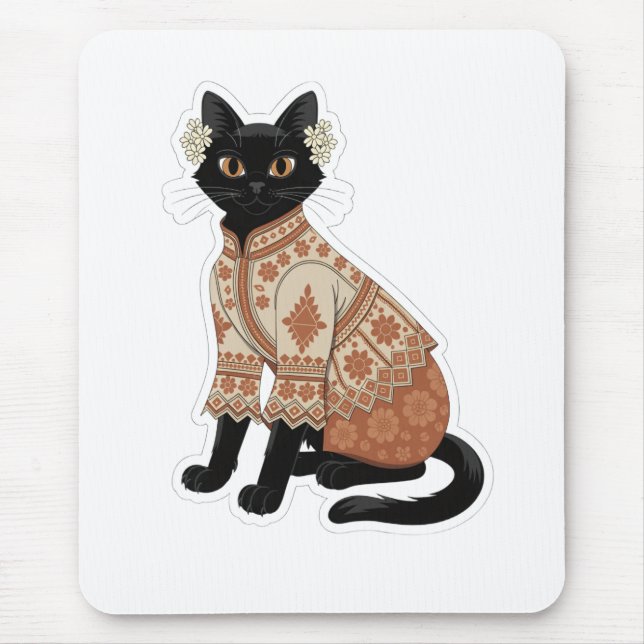 Tapis de souris graphique avec chat noir et fleurs (Devant)