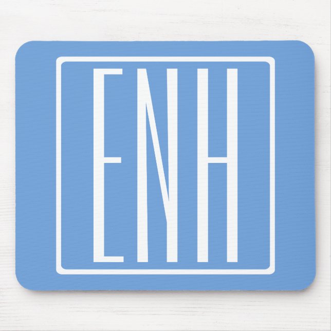 Tapis De Souris Gras moderne 3 initiales Monogramme | Bleu doux (Devant)