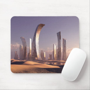 Tapis De Souris Gratte-ciel surréalistes futuristes dans un paysag