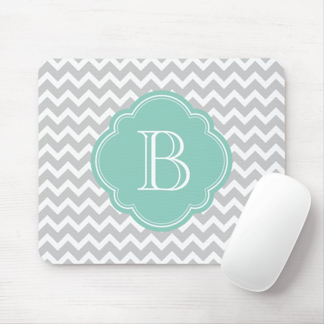 Tapis De Souris Gray and Aqua Modern Chevron Custom Monogramme (Avec souris)