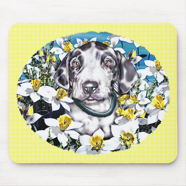 Tapis De Souris Great Dane Pup in Daffodils Harlequin (Devant)