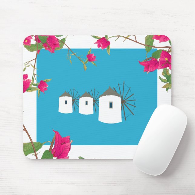 Tapis De Souris Grèce Bougainvilliers Ile grecque Moulins à vent (Avec souris)
