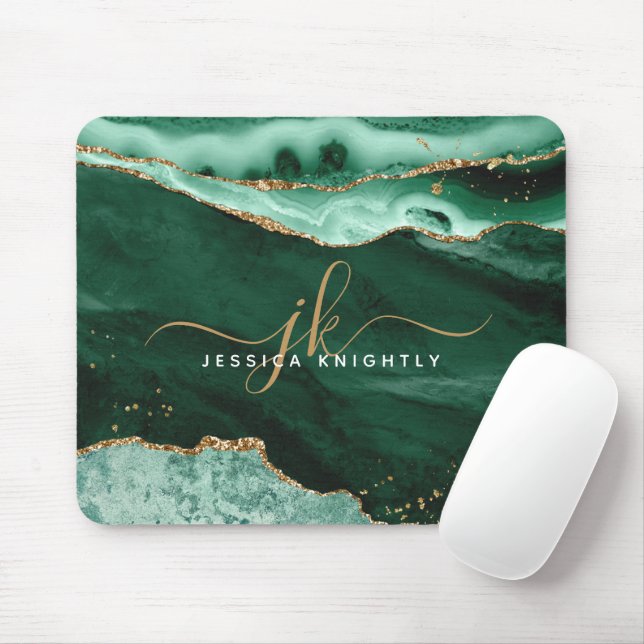 Tapis De Souris Green Agate Geode Gold Parties scintillant Script  (Avec souris)