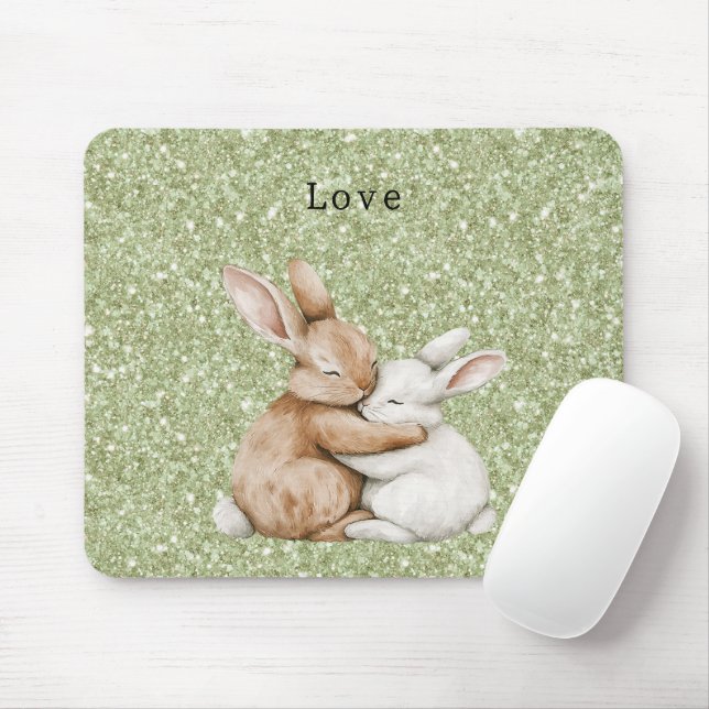 Tapis De Souris Green Glitter Sweet Brown Cream White Bunny Hugs (Avec souris)