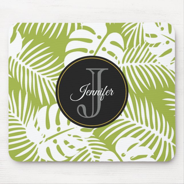 Tapis De Souris Green Palm Feuille Rainforest Motif Monogram (Devant)