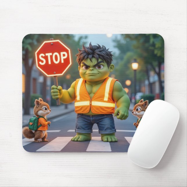 Tapis De Souris Green Superhero Crossing Guard With Chipmunks (Avec souris)