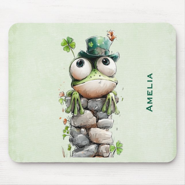 Tapis De Souris Grenouille avec chapeau vert et trèfle mignon (Devant)