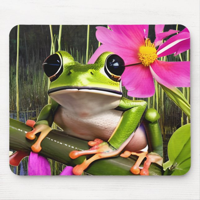 Tapis De Souris Grenouille mûre sur branche de fleurs roses (Devant)