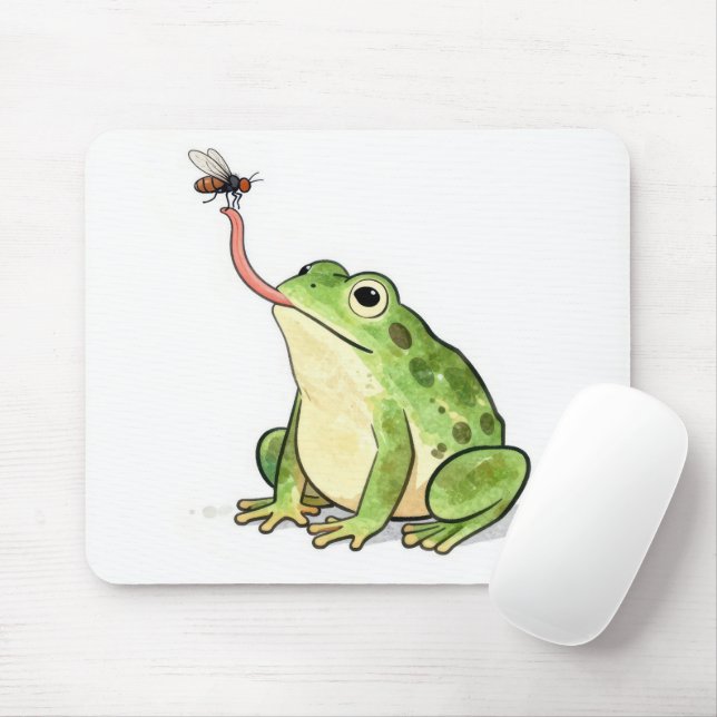 Tapis De Souris Grenouille verte attrapant une mouche (Avec souris)