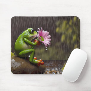 Tapis De Souris Grenouille verte tenant une marguerite rose