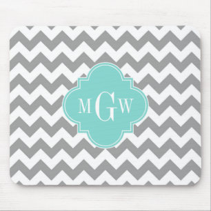 Tapis De Souris Gris Blanc Chevron Aqua Quatrefeuille 3 Monogramme