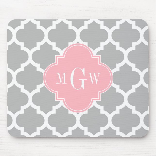 Tapis De Souris Gris Blanc Marocain #5 Rose 3 Initiale Monogramme (Devant)