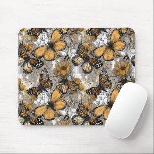 Tapis De Souris Gris Blanc Or Papillons Floraux Élégants