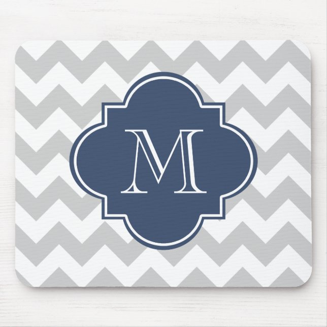 Tapis De Souris Gris bleu marine moderne Chevron personnalisé Mono (Devant)