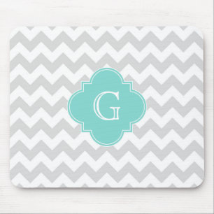 Tapis De Souris Gris Clair Blanc Chevron Aqua Quatrefeuille Monogr