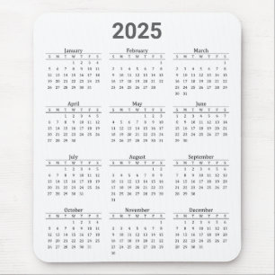 Tapis De Souris Gris et blanc 2025 Année en un coup d'oeil Calendr