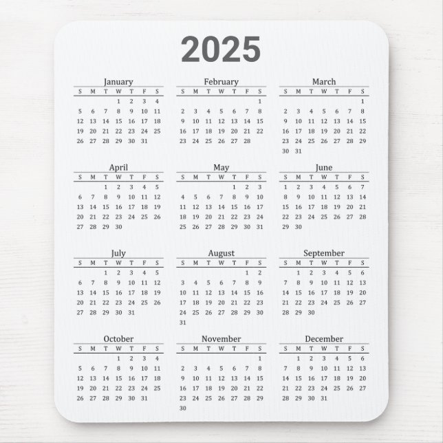 Tapis De Souris Gris et blanc 2025 Année en un coup d'oeil Calendr (Devant)