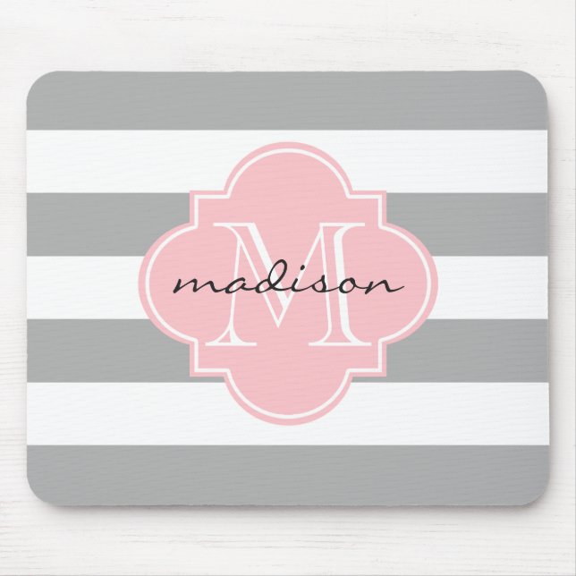 Tapis De Souris Gris et rose rayures marines Monogramme personnali (Devant)