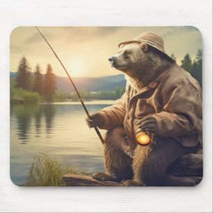 Tapis De Souris Grizzly Oear Animal Fun Lake Pêche Happy Time