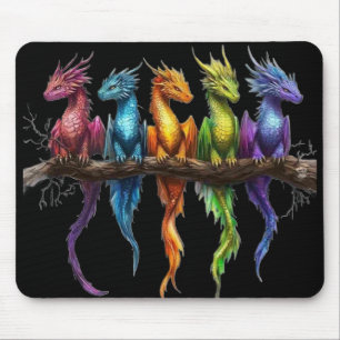 Tapis De Souris Groupe Arc-en-ciel de bébés dragons sur fond noir