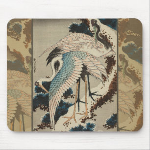 Tapis De Souris Grues sur un pin couvert de neige Hokusai