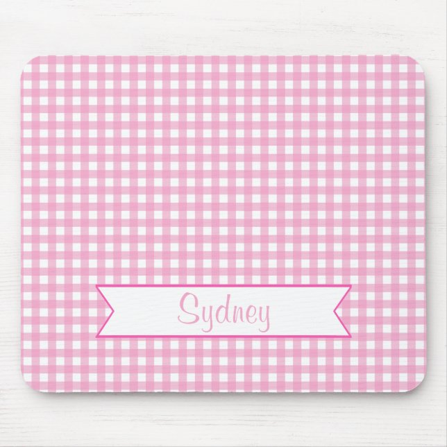 Tapis De Souris Guingan rose et blanc avec le nom fait sur (Devant)