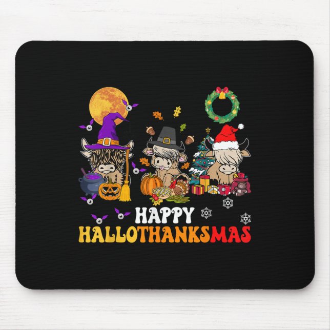 Tapis De Souris Hallothanksmas Highland Cow Halloween Christmas Th (Devant)