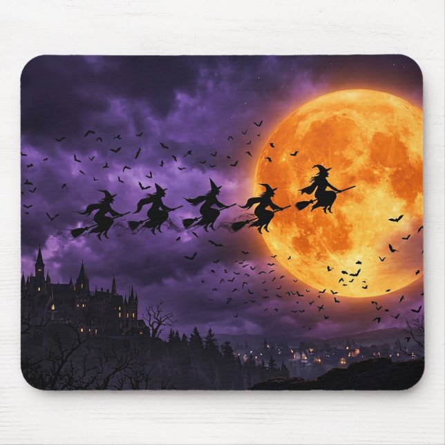 Tapis De Souris Halloween avec Lune et Sorcière (Devant)