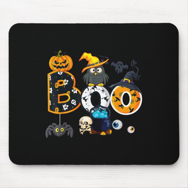 Tapis De Souris Halloween Boo Owl Avec Sorcière Casquette Araignée (Devant)