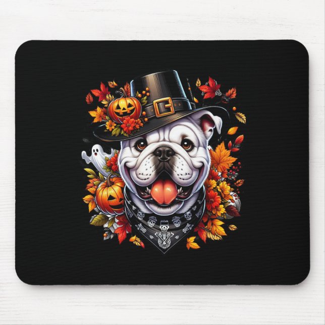 Tapis De Souris Halloween Bulldog Fall quitte Citrouille Gho (Devant)