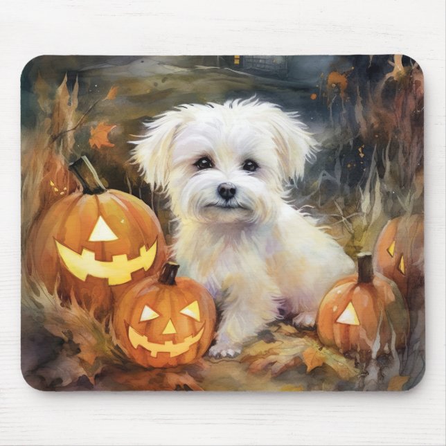 Tapis De Souris Halloween Coton De Tulear With Pumpkins Scary (Devant)