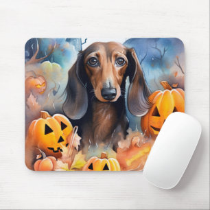 Tapis De Souris Halloween Dachshund Avec La Peur Citrouille